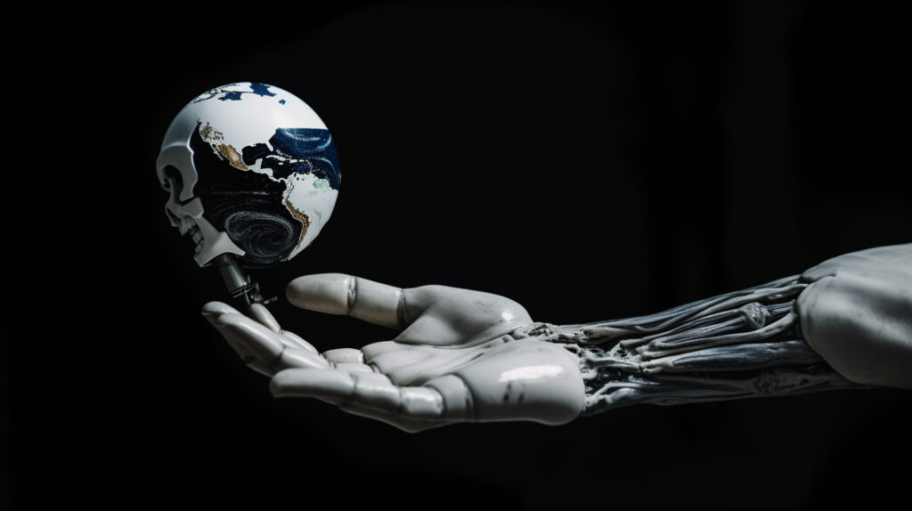 dramatic abstract, hand and arm of a robot with a symbolic figure of a skull of a robot in the shape of the planet earth, evil and bad intentions, humanity and creation